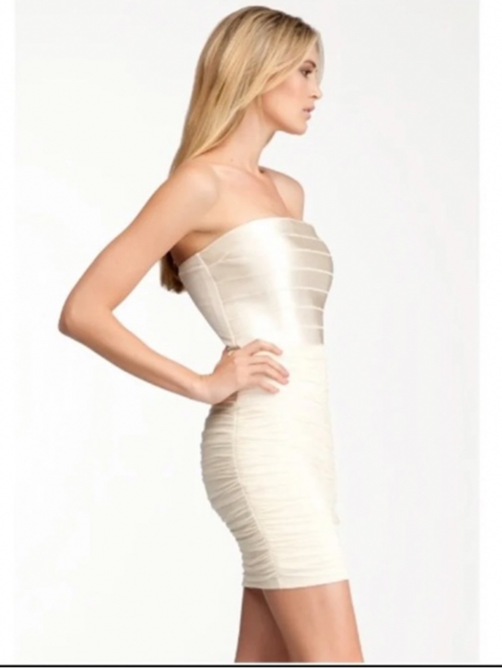 NWT bebe top Dress cream white strapless shine bandage ruched mesh